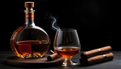 World cognac day having a glass and bottle of cognac and cigar with black dark background