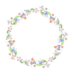 frame, with flowers and beetles, butterflies, summer spring for congratulations, announcements. on a white background