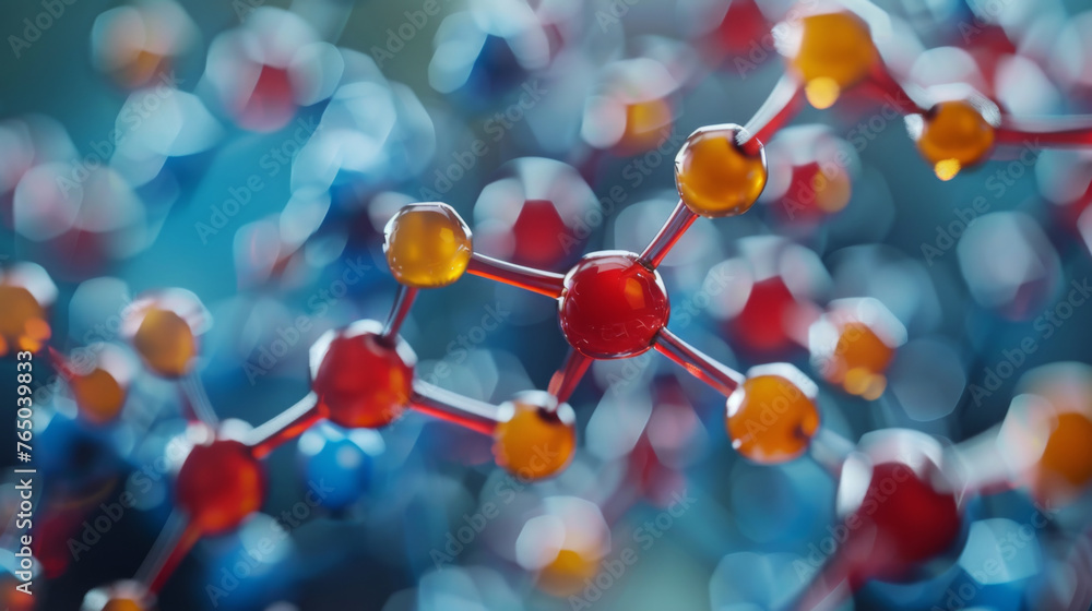 Poster close-up of a colorful molecular structure model with a blurred blue background, representing scient