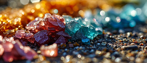 A vibrant array of colored crystal sugars in close detail, sparkling under sunlight - obrazy, fototapety, plakaty