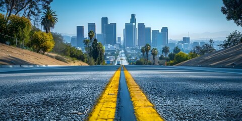 Empty urban road with city buildings in background new modern highway construction in Los Angeles USA. Concept Urban Road Construction, Cityscape, Los Angeles, Modern Highway, USA - obrazy, fototapety, plakaty