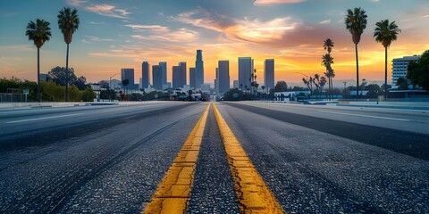 Construction of New Modern Highway in Los Angeles, USA: Empty Urban Road with City Buildings in Background. Concept Urban Development, Infrastructure Projects, City Landscapes - obrazy, fototapety, plakaty