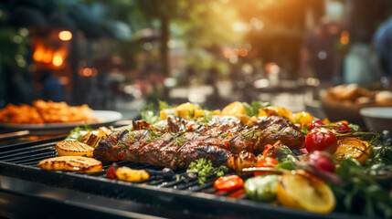 Skewered barbecue meat and vegetables grilling over flames, evening atmosphere with warm lights, outdoor dining concept. - obrazy, fototapety, plakaty