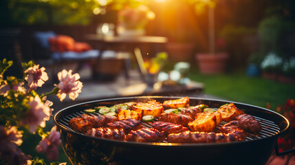 Backyard barbecue grill with meat steaks cooking over flames, summer outdoor party with bokeh lights, leisure lifestyle. - obrazy, fototapety, plakaty