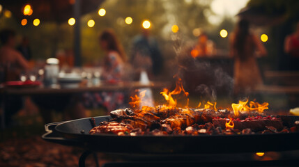 Grilled food on barbecue with open flame, people socializing in backyard party, summer outdoor cooking concept.