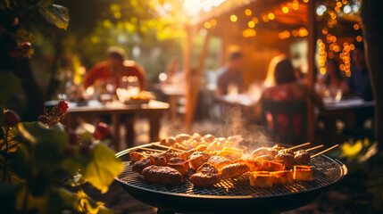 Evening garden barbecue with grilled food on the grill, people dining at the background in warm light, cozy summer gathering.