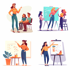 explain and pointing at presentation on white board flat illustration