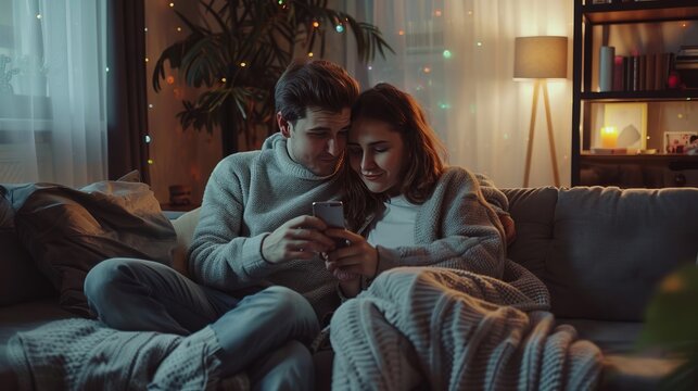 Couple Use Smartphone at Sofa at Night