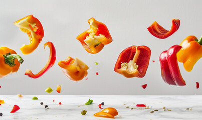 sliced bell pepper floating in the air on the white background.