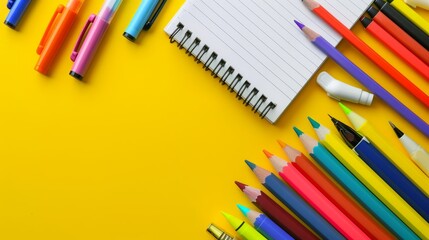 Obraz premium Vibrant stationery set: top view of notepads, pens, and colored pencils on sunny yellow background - educational supplies for creativity and learning