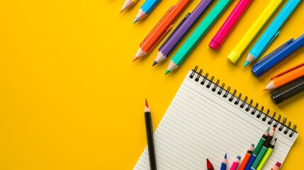 Obraz premium Vibrant stationery set: top view of notepads, pens, and colored pencils on sunny yellow background - educational supplies for creativity and learning