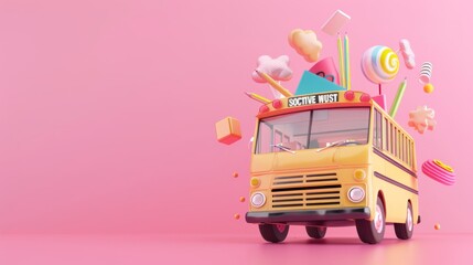 3d rendering: school bus emerging from backpack amidst school supplies on pink background - educational concept