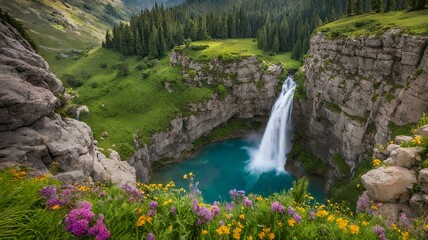 A majestic waterfall cascades down a rugged cliff face, sending plumes of mist into the air as it crashes into a crystal-clear pool below, surrounded by lush greenery and vibrant wildflowers. - obrazy, fototapety, plakaty
