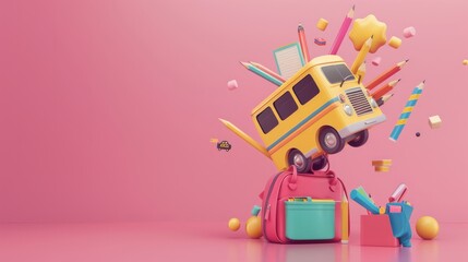 Naklejka premium 3d rendering: school bus emerging from backpack amidst school supplies on pink background - educational concept