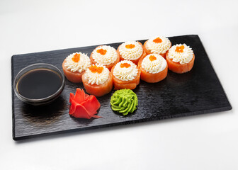 Sushi, Philadelphia rolls with red caviar and cheese. Lunch. Japanese food.