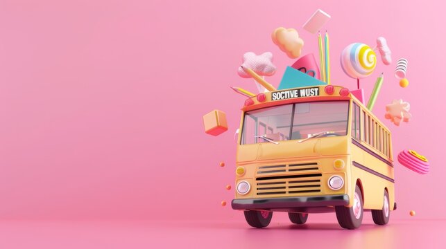 3d rendering: school bus emerging from backpack amidst school supplies on pink background - educational concept