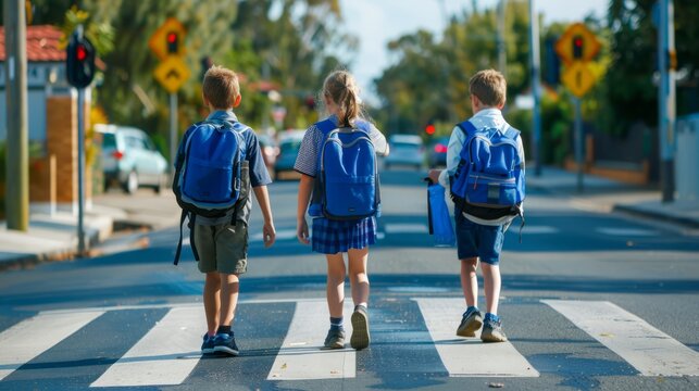Three Schoolchildren Safely Crossing Road at Pedestrian Crossing on Their Way to School