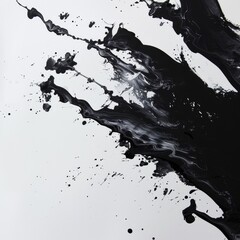 Obraz premium Dynamic black ink splatter against a stark white background, evoking a sense of creativity, movement, and artistic expression