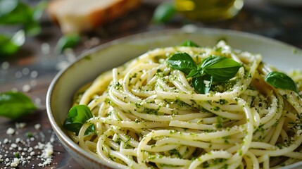Pesto Spaghetti Garnished with Fresh Basil