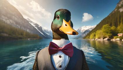 Mallard duck in a suit with a bow tie. - obrazy, fototapety, plakaty
