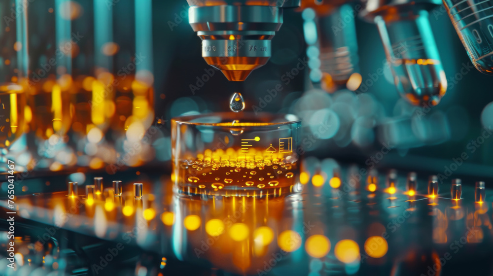 Poster close-up of a robotic laboratory pipetting system dispensing samples into a tray, symbolizing advanc