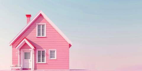 Cute Pink Cottage with copy space. Pastel pink wooden girlishly quaint country cottage.