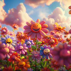 Obraz na płótnie Canvas animated smiling flowers basking under a clear sky