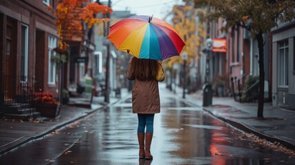A solitary figure adds a pop of color to a rainy day with a vibrant umbrella on a quiet city street