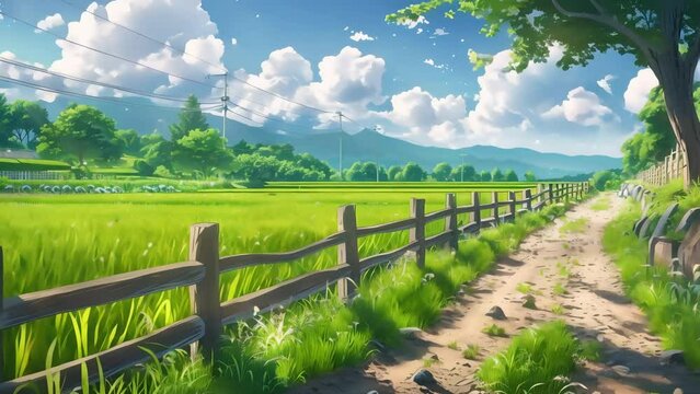 Animated of landscape with field and blue sky 