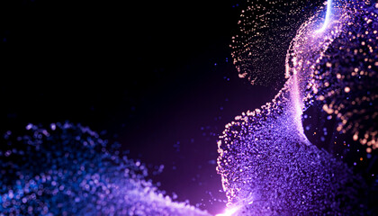 Abstract flowing fluid light particles purple and blue on black background in concept technology, science