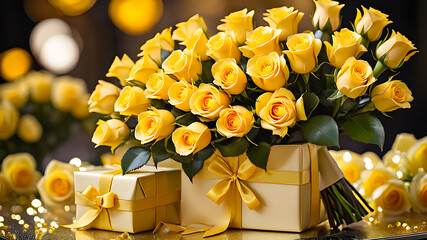 luxury bouquet of yellow roses and gift boxes. holiday concept.	