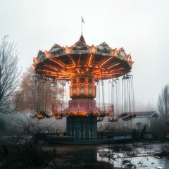An old carousel is standing in a lonely, foggy square with its lights on.