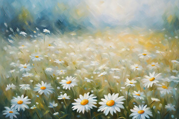 Fototapeta na wymiar Oil painting white Daisy flower in filed. Oil painting white Daisy flowers in the meadows. Abstract oil painting sunshine at flower field in soft white and light blue color and blur style background