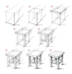 Page shows how to learn to draw from life sketch a wood stool in perspective. Pencil drawing lessons. Educational page for artists. Developing artistic skills. Online education. Vector illustration.