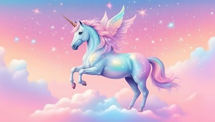 Rainbow background with winged unicorn silhouette with stars. Pastel color sky. Magical landscape, abstract fabulous pattern. Cute candy wallpaper