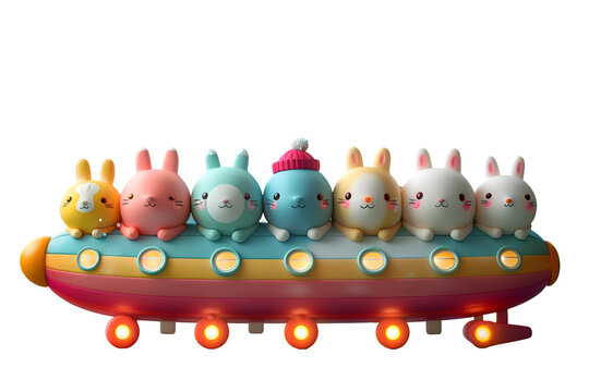 A 3D animated cartoon render of cute animal passengers in a colorful zeppelin.