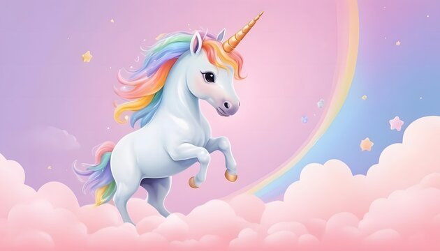 Rainbow background with winged unicorn silhouette with stars. Pastel color sky. Magical landscape, abstract fabulous pattern. Cute candy wallpaper
