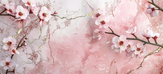 A pink and white marble background with delicate cherry blossoms, accented in the style of golden cracks for an elegant touch.