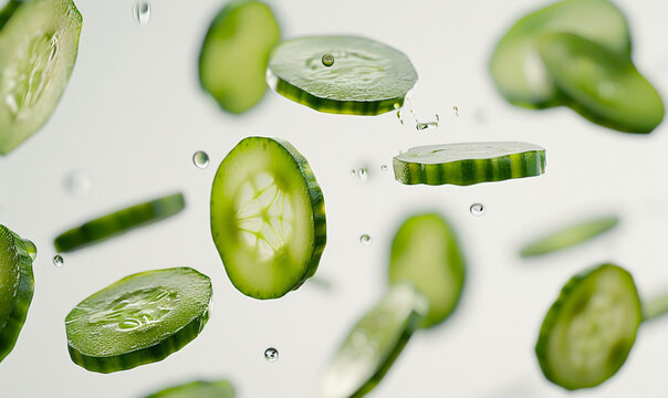 sliced cucumber floating in the air on the white background.