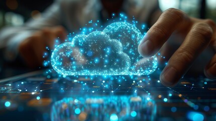 hand of a businessman touching a digital cloud computing button on a display