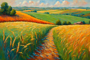 Landscape field grain impressionism oil painting. Landscape field grain impressionist oil painting vibrant color - obrazy, fototapety, plakaty