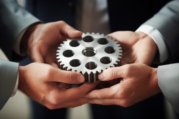 Man holding gear in hands. Teamwork metallic silver equipment industrial progress engineering machine mechanical cog wheel technology steel power transmission motion circle construction development