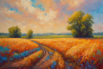 Landscape field grain impressionism oil painting. Landscape field grain impressionist oil painting vibrant color
