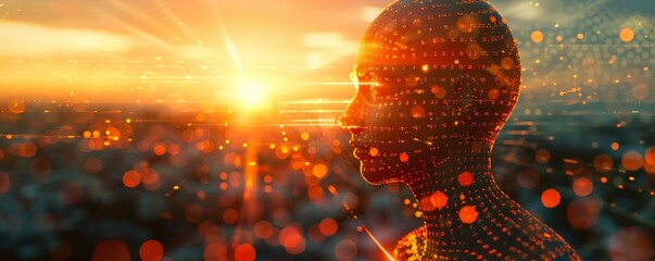 AI Avatar, Elegantly designed, questioning its own reality amidst a sea of code and data streams Photography, Golden hour lighting, Lens Flare camera effect - obrazy, fototapety, plakaty