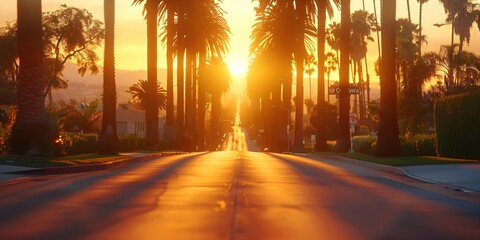 Golden Hour in Los Angeles: Palm trees casting long shadows on a street with city lights in the distance. Concept Golden Hour, Los Angeles, Palm Trees, Long Shadows, City Lights - obrazy, fototapety, plakaty