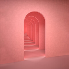 Abstract pink surreal 3d render. Arch infinite corridor pastel pink background concept rendering. Surrealistic interior 3d illustration.