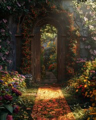 Door mat, embroidered flowers, charming and mystical, placed at the entrance of an ancient castle Overcast sky, 3D render, backlighting effect, lens flare