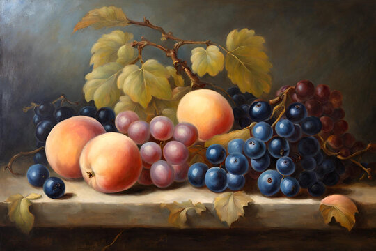 Antique oil painting of fruits Getty Museum. An oil painting with fruits look like real. It has great lighting and color combination. grapes peach blue berry