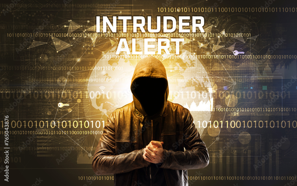 Poster faceless hacker at work, security concept