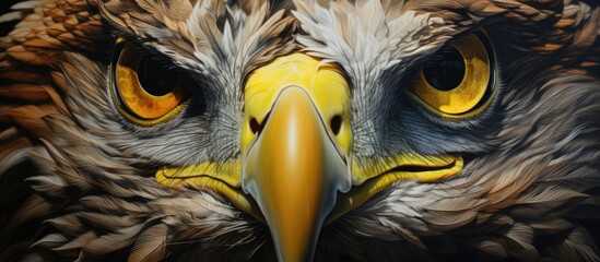 A detailed view of a predatory bird featuring a distinctive yellow beak in close-up - obrazy, fototapety, plakaty